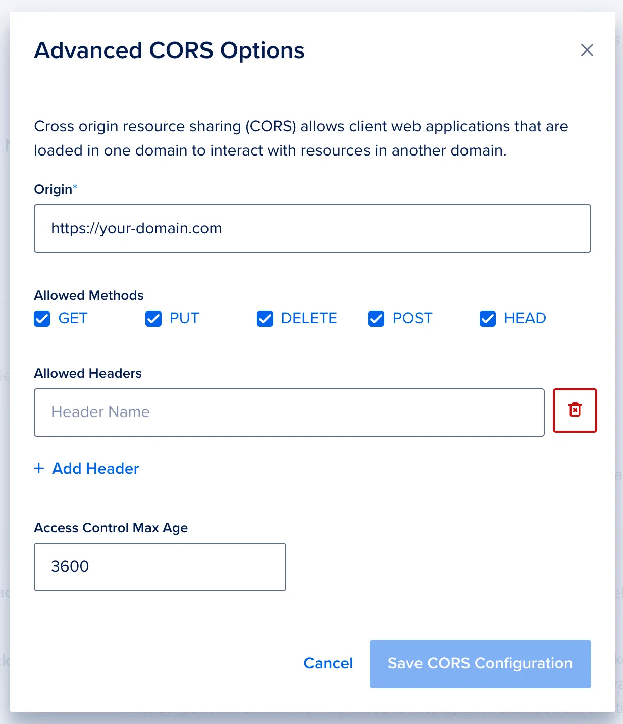 DigitalOcean Spaces CORS configuration page