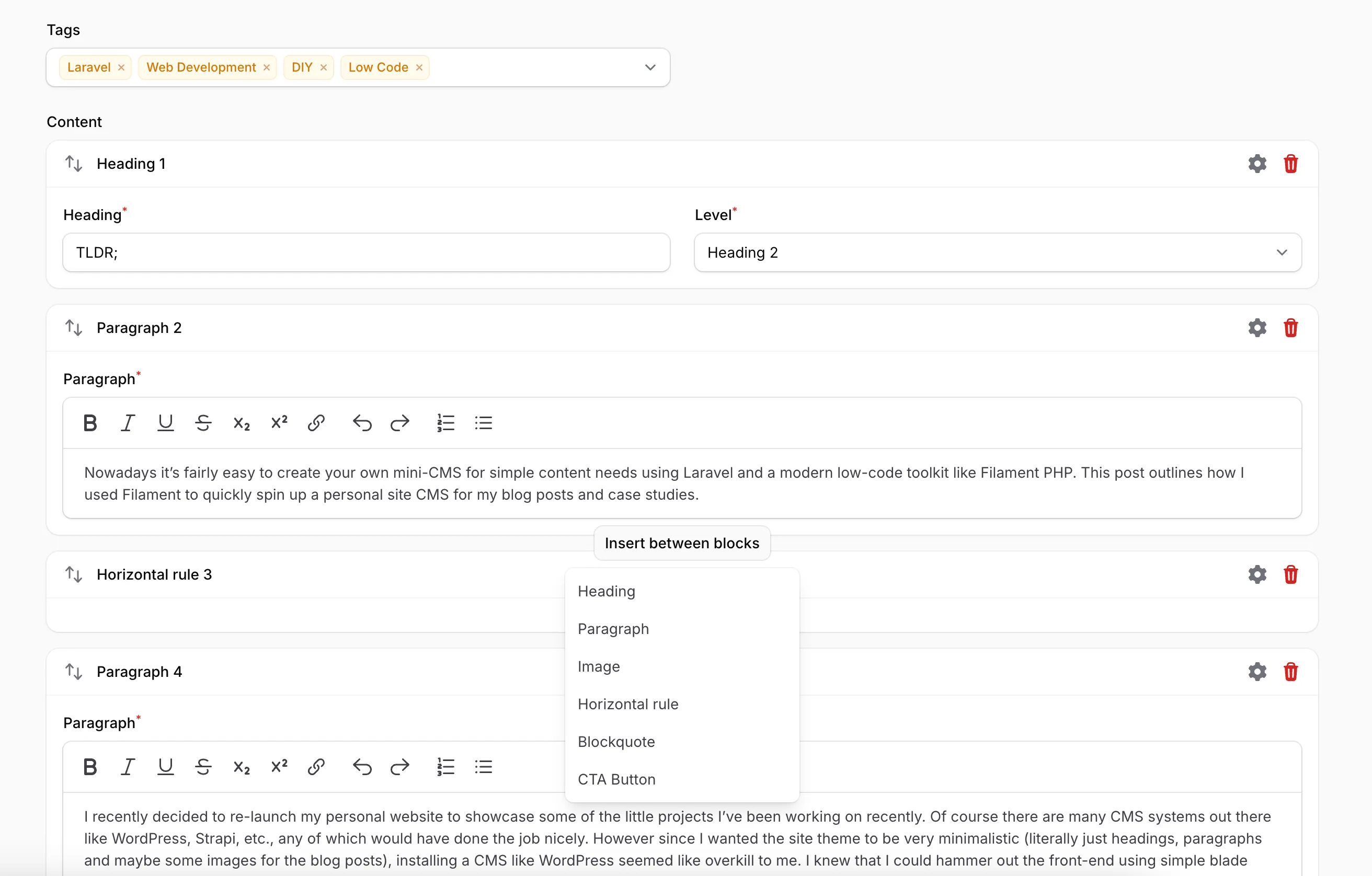 Filament block builder in admin panel